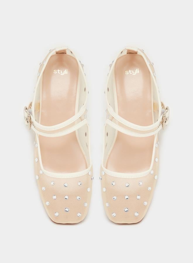 Styli Beige Polka Dot Embellished Ballerina - Image 5
